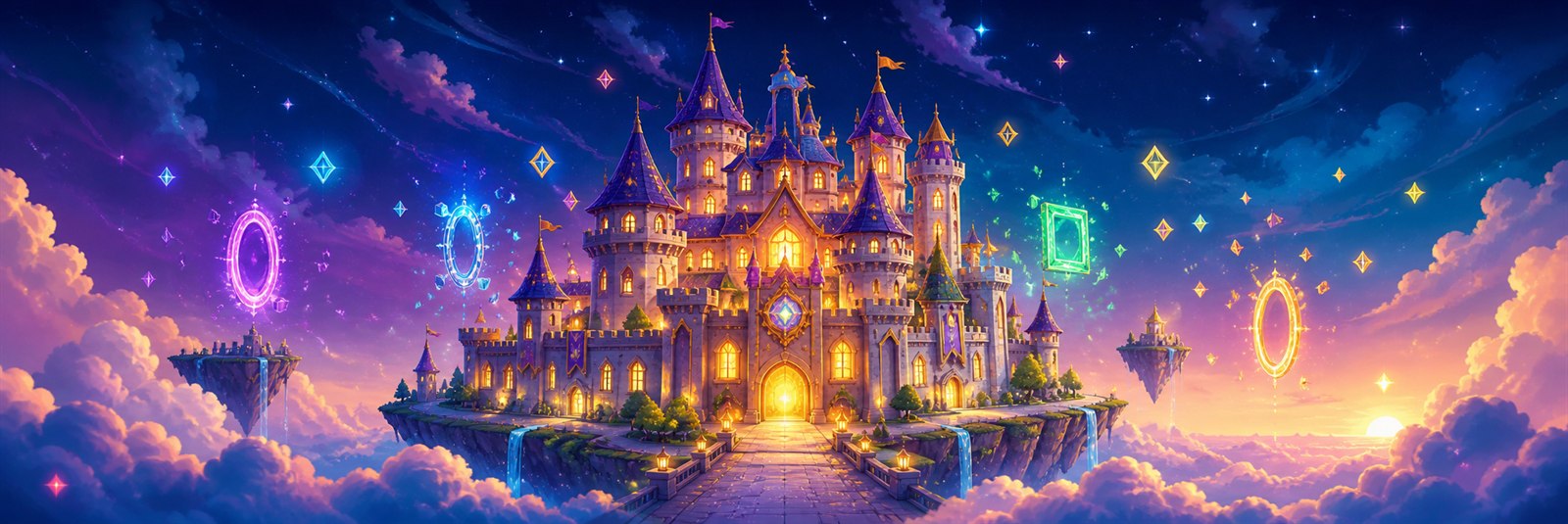 A glowing fantasy castle floating among magical portals